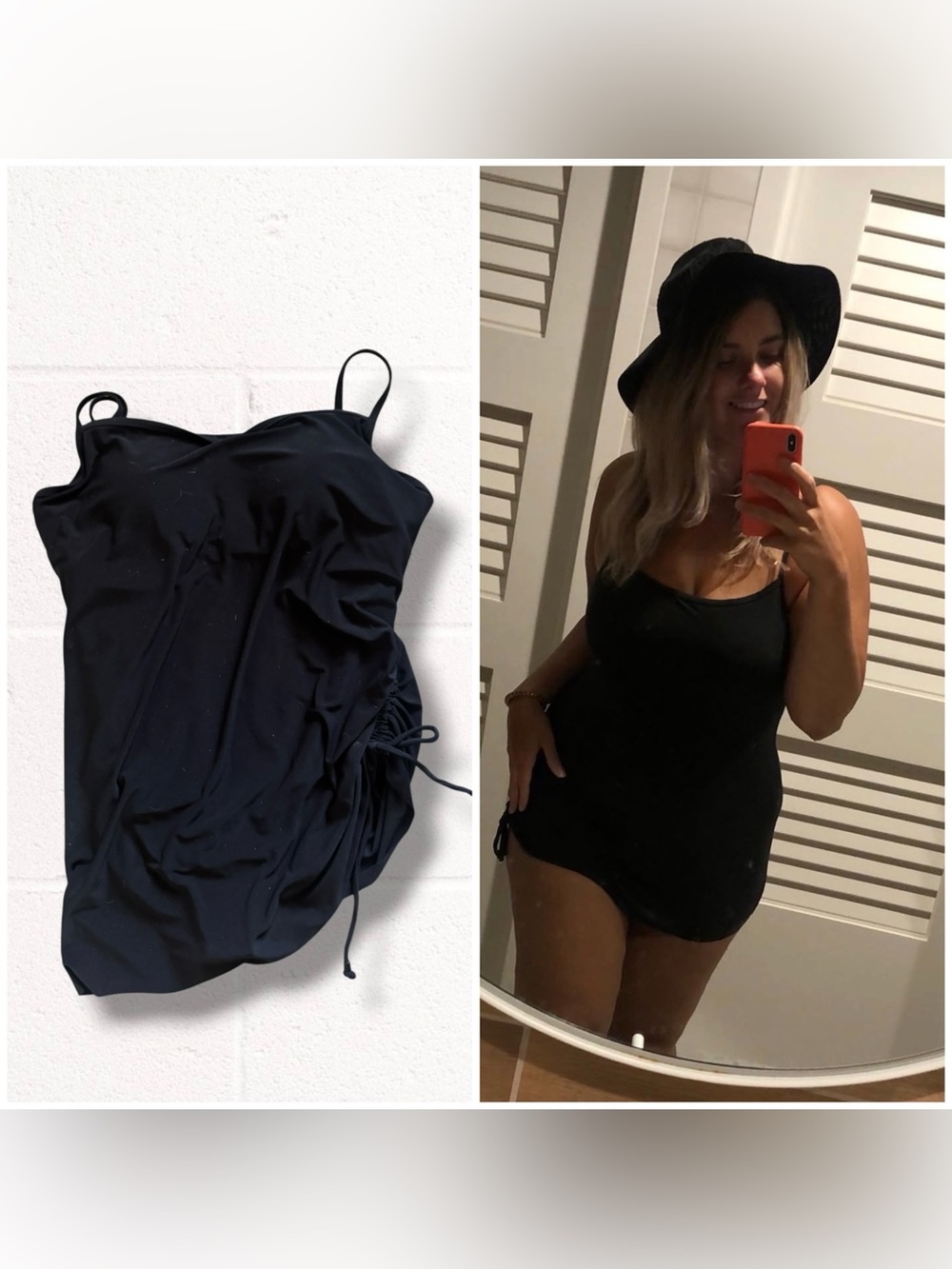Aqua Green Black One-Piece Swim Dress with Side Drawstring, Large